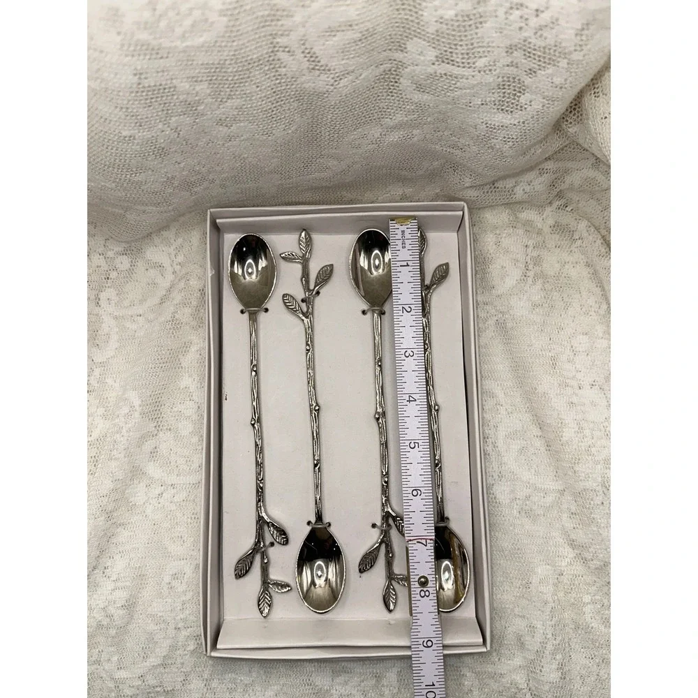 Zodax Leaves Cocktail Spoons Set of 4 Silver Tone Twig Handle IN-7312 New